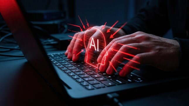 Hacker attempting AI data and model poisoning through a laptop computer to execute cyber attacks.