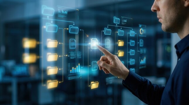 A professional managing a document and record management system using a digital folder structure.