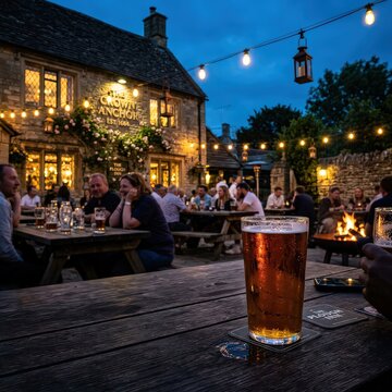 Pint of beer on a wooden table in a busy English pub beer garden at dusk