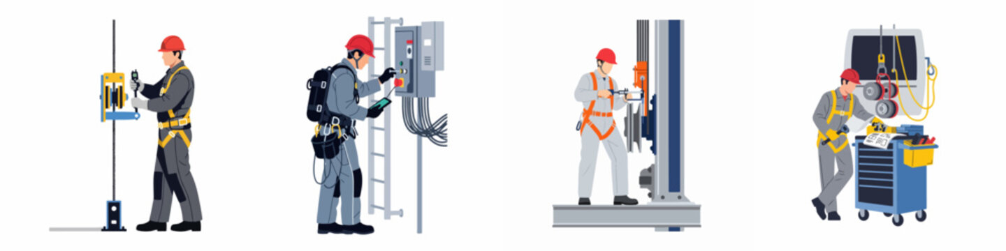 Set of industrial technicians and elevator maintenance workers in safety gear performing technical inspections and mechanical repairs, isolated on white background.