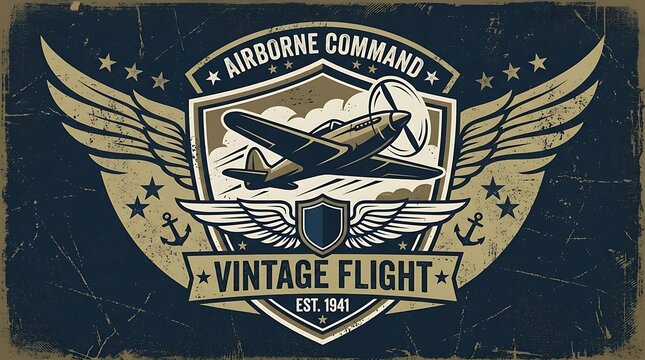 Vintage Military Aviation Emblem with Eagle Wings and Propeller Aircraft on Distressed Background
