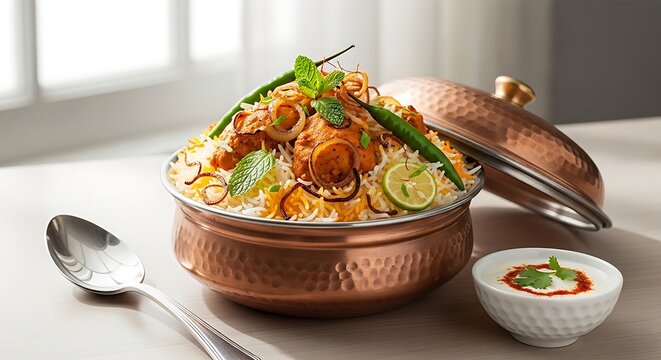 Traditional indian chicken biryani served in a copper handi pot with raita and silver spoon