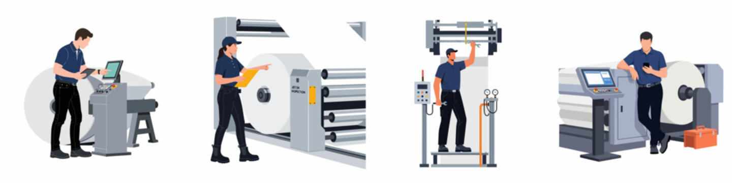 Set of industrial factory workers operating, inspecting, and maintaining large paper manufacturing and printing machines in a professional workshop environment.