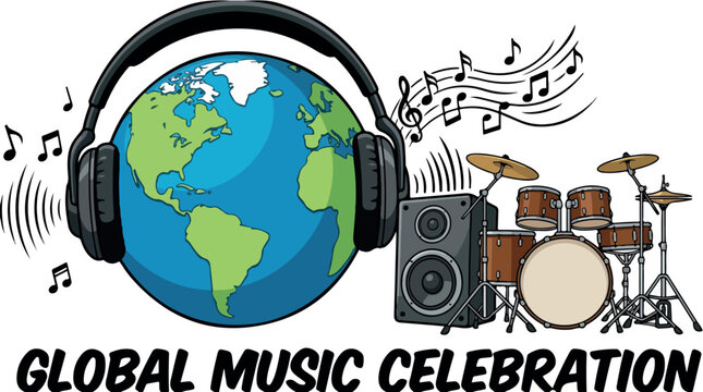 Global music celebration with the Earth wearing headphones, musical notes circling a drum set and bold world rhythms