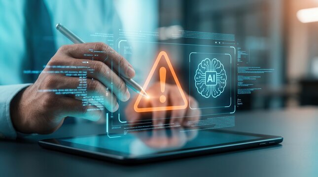 A person using a digital stylus to interact with a holographic interface showing AI misinformation and risks.