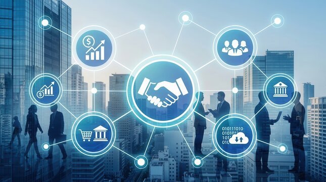 Corporate connections and business partnership networking illustrated by icons against a city skyline.