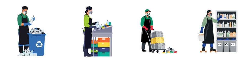 Fototapeta premium Set of diverse recycling plant workers in protective gear sorting and processing plastic waste for environmental sustainability and waste management.