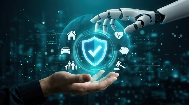 Digital environment with AI technology featuring security and protection icons held between a human and robot hand.