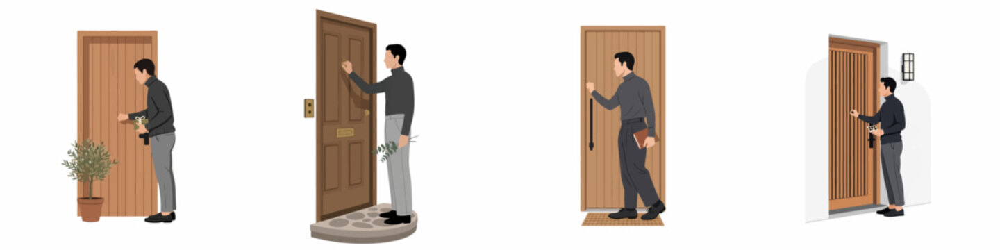 Set of vector illustrations of a man knocking on various entrance doors holding gifts, flowers, and books, isolated on a white background.