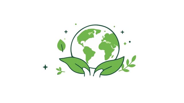 Green earth ecology concept animation with line art globe and hands holding leaves on white background