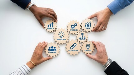 Naklejka premium Collaborative processes and innovation in achieving goals through hands holding interlocking gears.