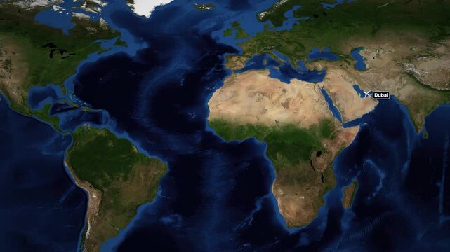 Animated Flight Route Map from Dubai to Montreal Across the Atlantic Ocean