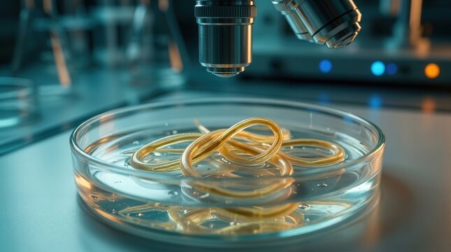 Helminth analysis and parasitology investigation featuring worms in a lab setting.