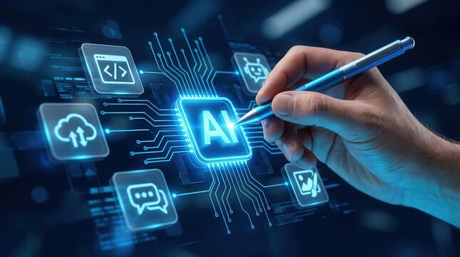 Artificial intelligence platform concept showing chatbot and cloud data management icons.