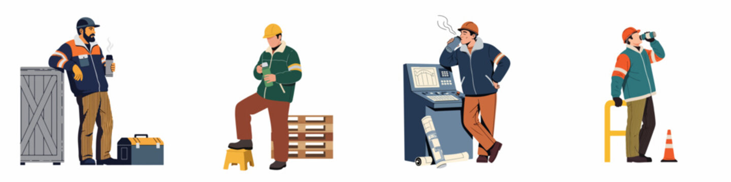 Illustration set of industrial and construction workers in hard hats and winter jackets taking a coffee break on white background.