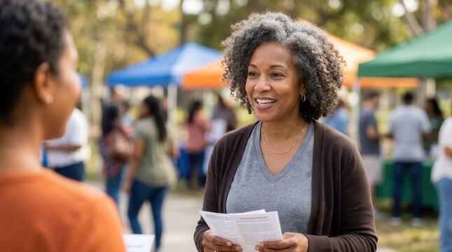A smiling woman offers wellness pamphlets and education at a public health fair.
