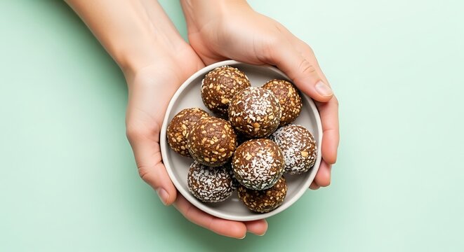 hands holding a plate of date energy balls dessert