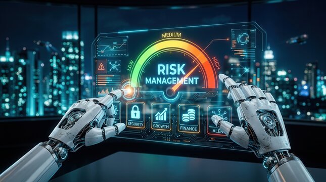 Robot hands performing financial analysis using a digital risk management interface and statistical data.