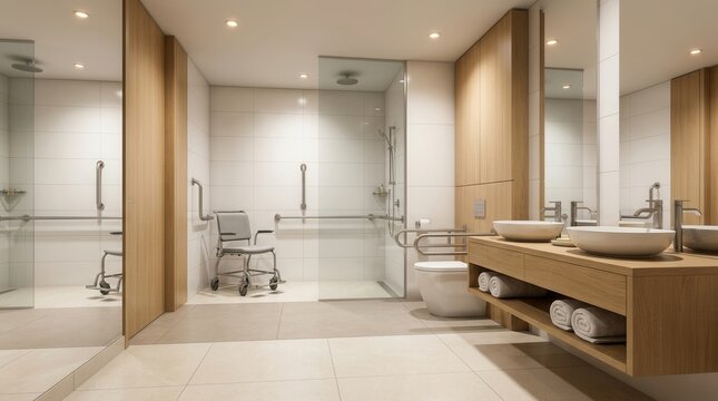 Accessible bathroom interior with a lowered sink and mobility assistance features.