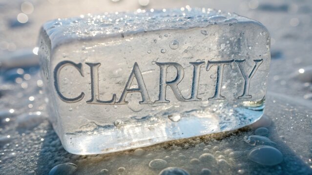 Clear ice block with the word Clarity etched on its surface surrounded by water droplets and a soft-focus background of a light-reflecting surface