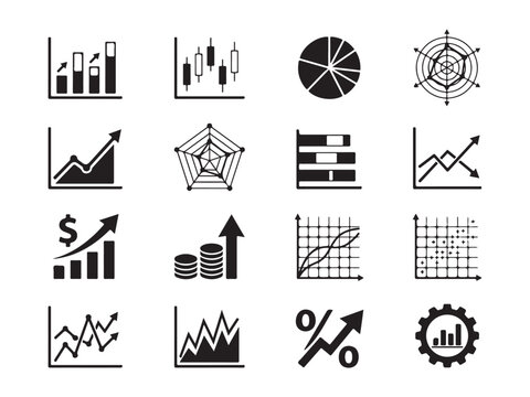 Collection of various financial and data analysis icons with transparent background