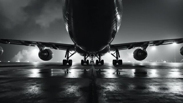 Low angle view of large passenger airplane parked on wet tarmac at night with lights reflecting