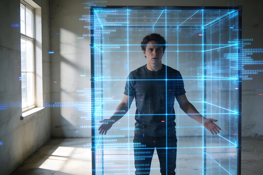 People trapped inside a digital grid, neon cages, and chains controlled by artificial intelligence, concept of cyber trap, digital privacy loss, and human restrictions in technology