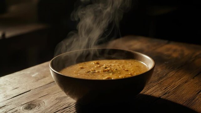 Cinematic close-up of steaming hot soup on rustic wooden table indoors