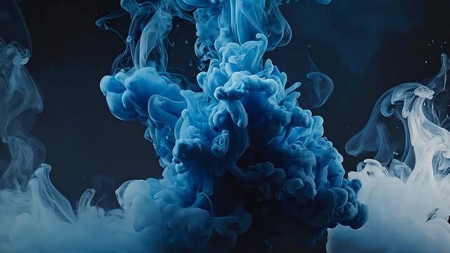 Abstract blue and white ink clouds swirling in clear liquid