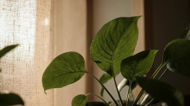 Firefly captures green houseplant leaves gently swaying near a window with soft natural light