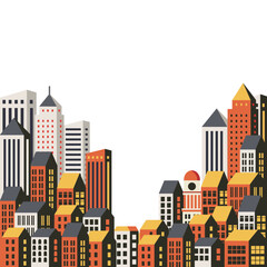 Obraz premium Colorful flat vector illustration of city skyline with modern buildings and houses
