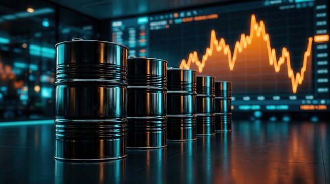 Crude oil commodity trading trends illustrated by black drums and a financial price chart.
