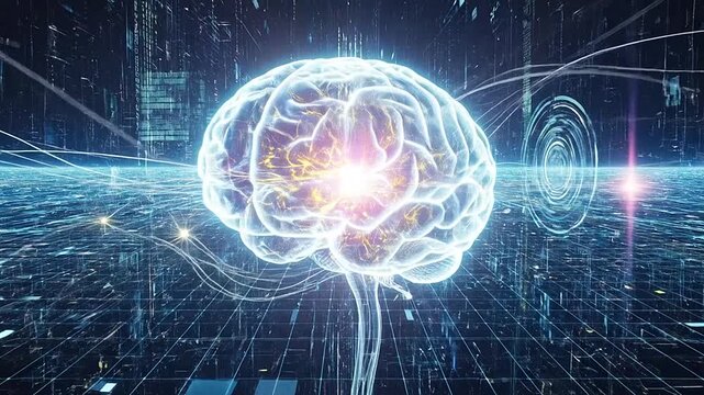 A glowing digital brain floats above a complex grid of data streams