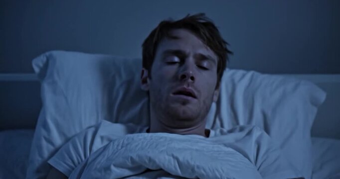 Worried man lying awake in bed at night suffering from insomnia