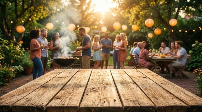 Outdoor summer picnic concept featuring a wooden deck table and a group of people enjoying a BBQ.