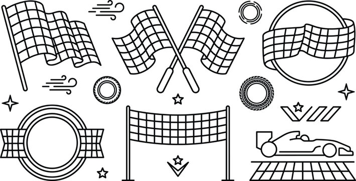 Formula Racing and Motorsport Line Icon Set with Checkered Flags Race Track Badge Finish Line Net and Bolide Car Symbols