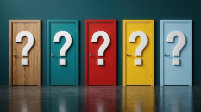 A person facing multiple paths and decision making uncertainty with five different colored doors.