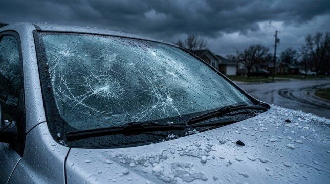 Ice pellets covering a car hood following a severe storm.