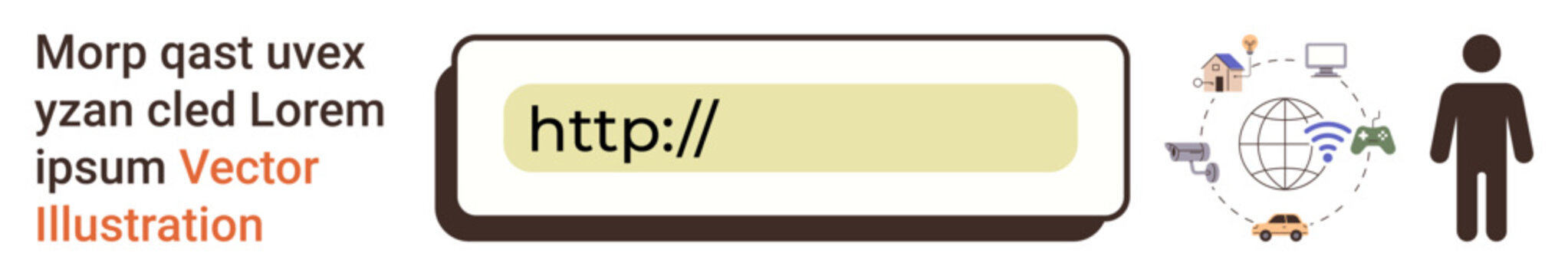 Web navigation, digital technology, internet services, online connectivity, communication, global networking. URL bar with text, globe icons and a human silhouette. Web navigation and digital