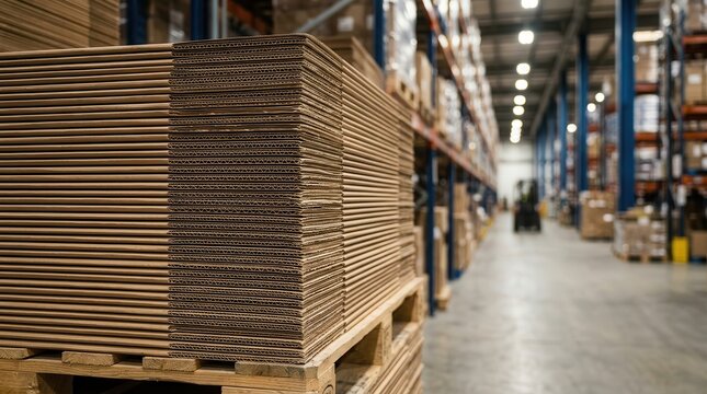Neatly arranged boxes and corrugated cardboard material in a supply chain storage aisle.