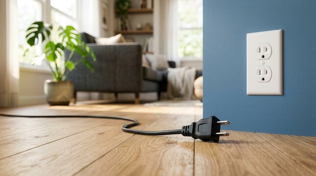 Unplugged black power cable on a wooden floor near an empty wall outlet to save energy.