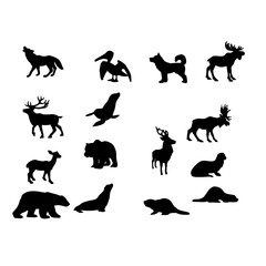 Obraz premium Set of wild arctic animals and forest wildlife silhouettes collection on transparent background.