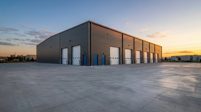 Industrial commercial property featuring large garage roller doors and a blue entrance.