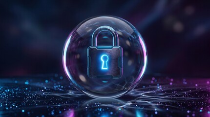 Secure network access and privacy safety concept with a glowing lock inside a glass sphere.