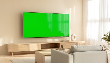 Fototapeta premium A modern living room with a large green screen TV on a wooden entertainment center between two beige chairs and a couch in front of a window.