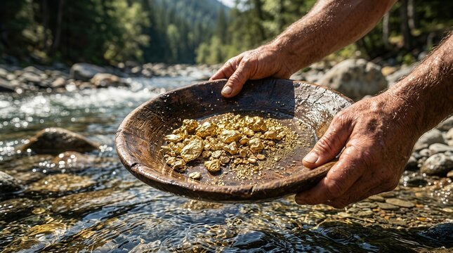 Successful gold panning in a mountain stream revealing precious metal treasure and nuggets.