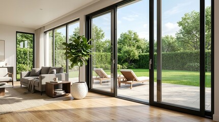 Fototapeta premium Luxury apartment exterior seen through large sliding glass doors onto an open terrace.