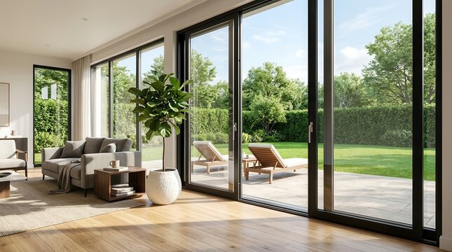 Luxury apartment exterior seen through large sliding glass doors onto an open terrace.