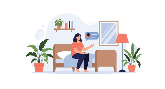 A woman sits on the edge of her bed in a cozy room, communicating with someone via a speech bubble containing an avatar and text.