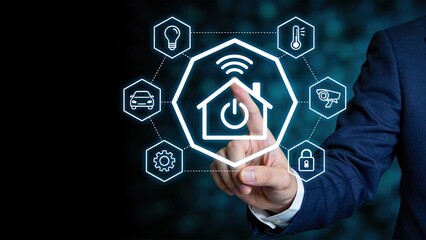 Fototapeta premium Smart home automation system, IoT connected devices, security camera monitoring, temperature control, energy efficiency, wireless network connection, modern living technology,